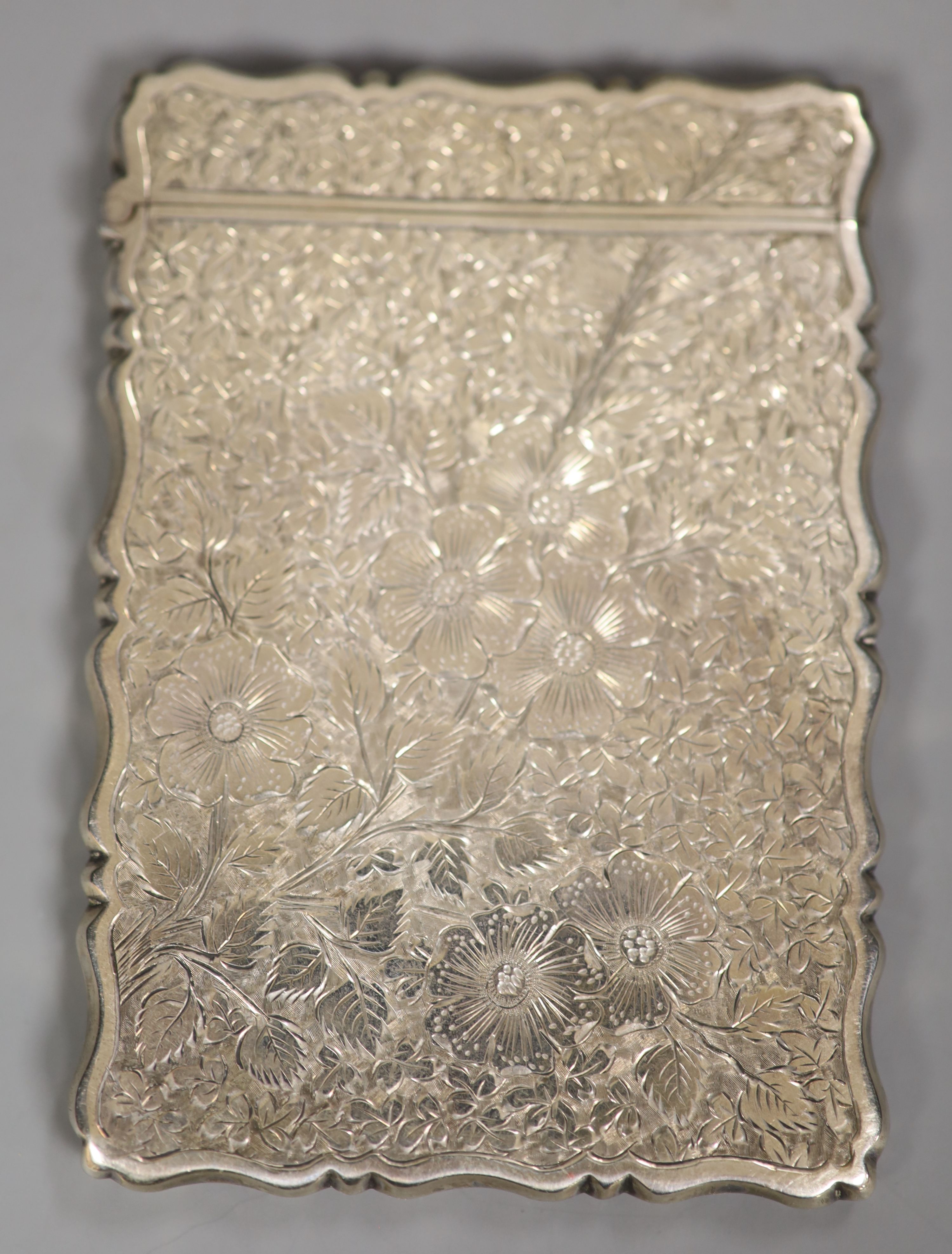 A Victorian engraved silver card case, George Unite, Birmingham, 1896, with engraved monogram, 96mm.